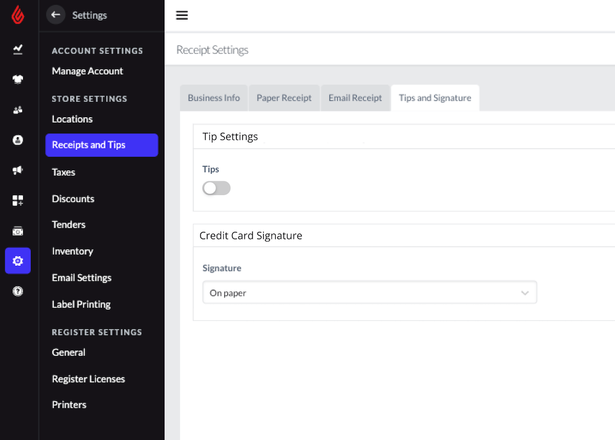 Receipts and Tip page, Back Office.