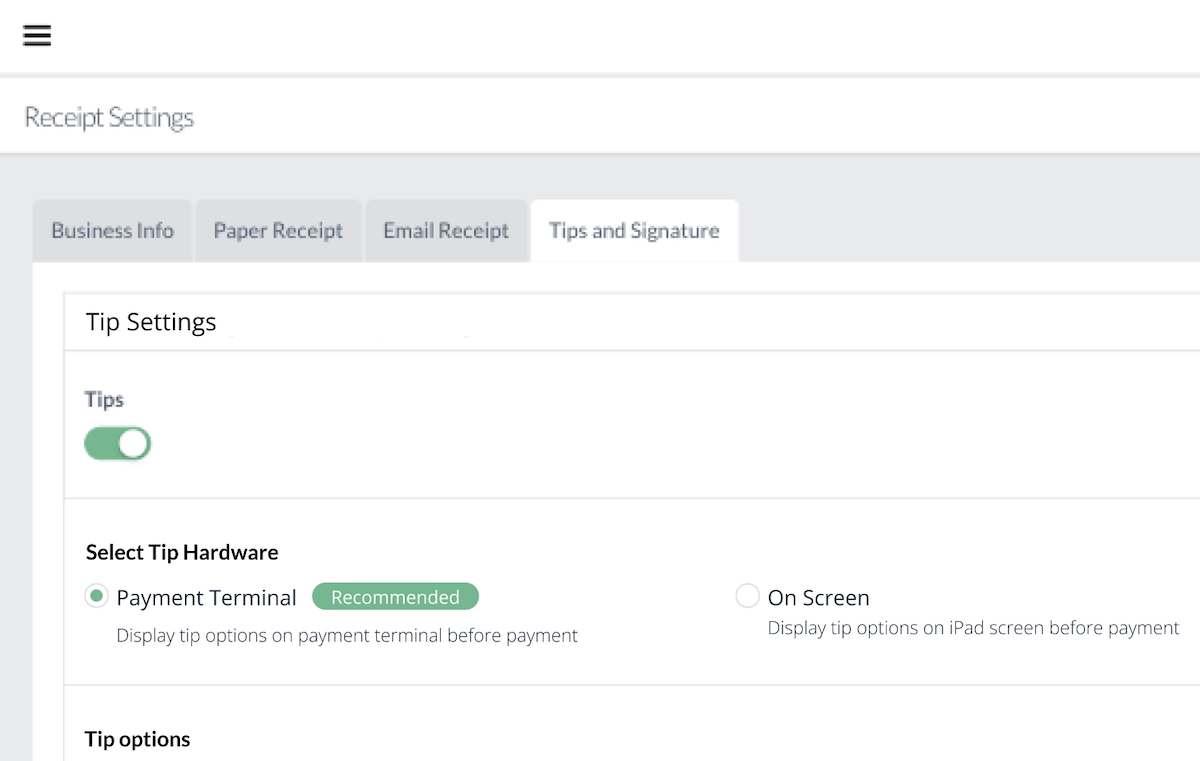 Tipping settings page, Back Office.