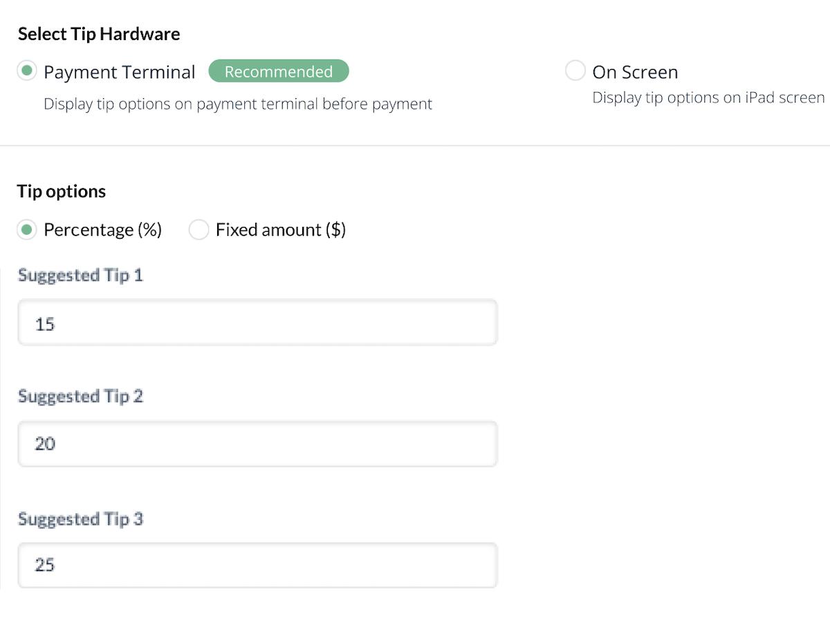 Payment terminal tip options, Back Office.
