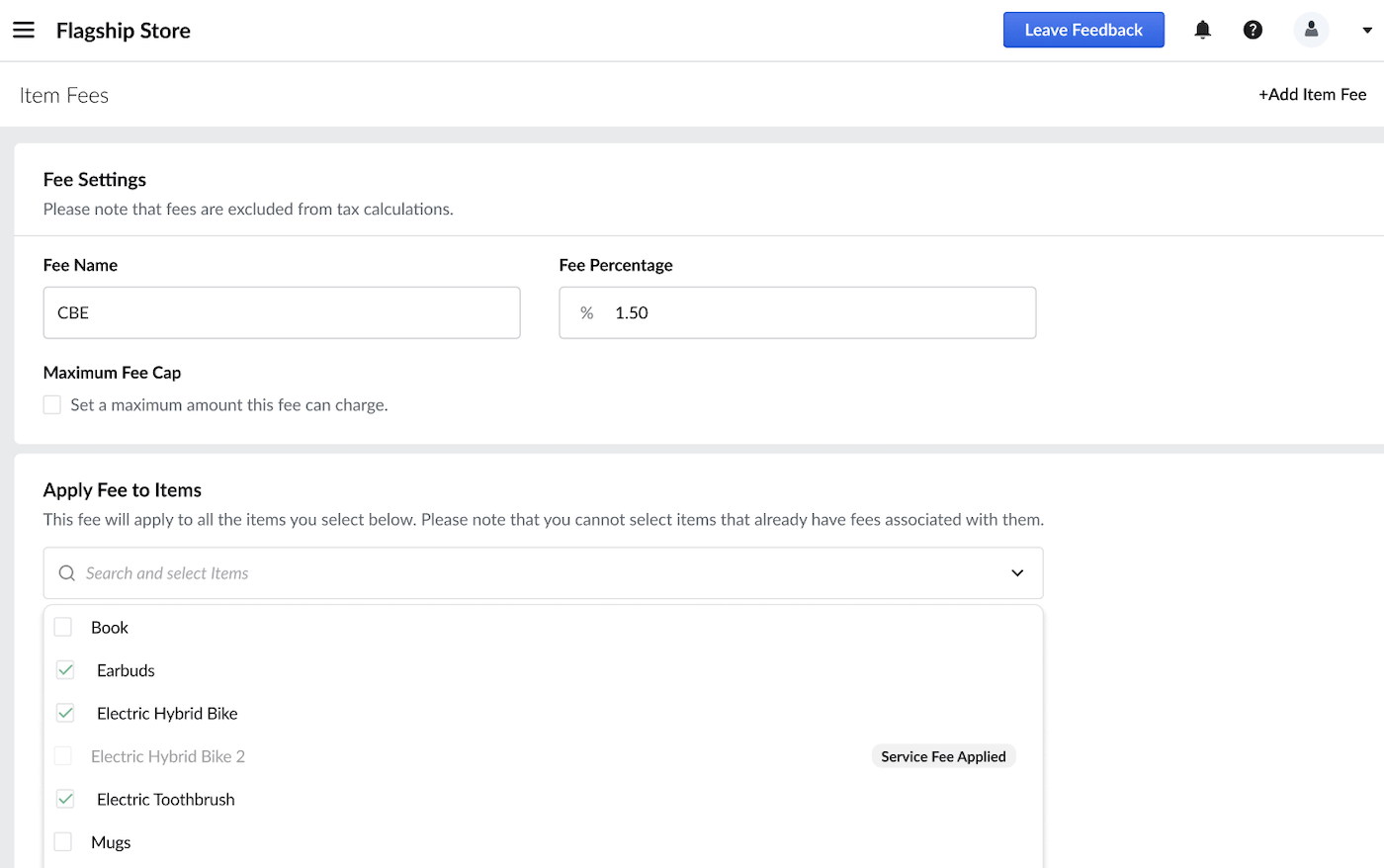 Item Fees settings page with active Apply Fee to Items dropdown.