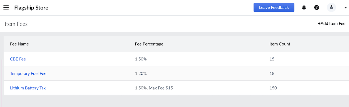Item Fees settings page with multiple fees listed.