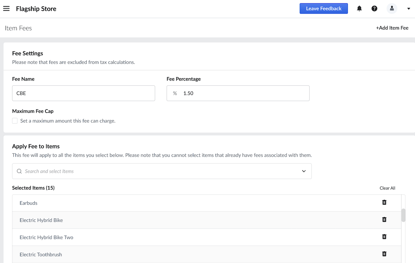 Item Fees settings page with list of selected items.