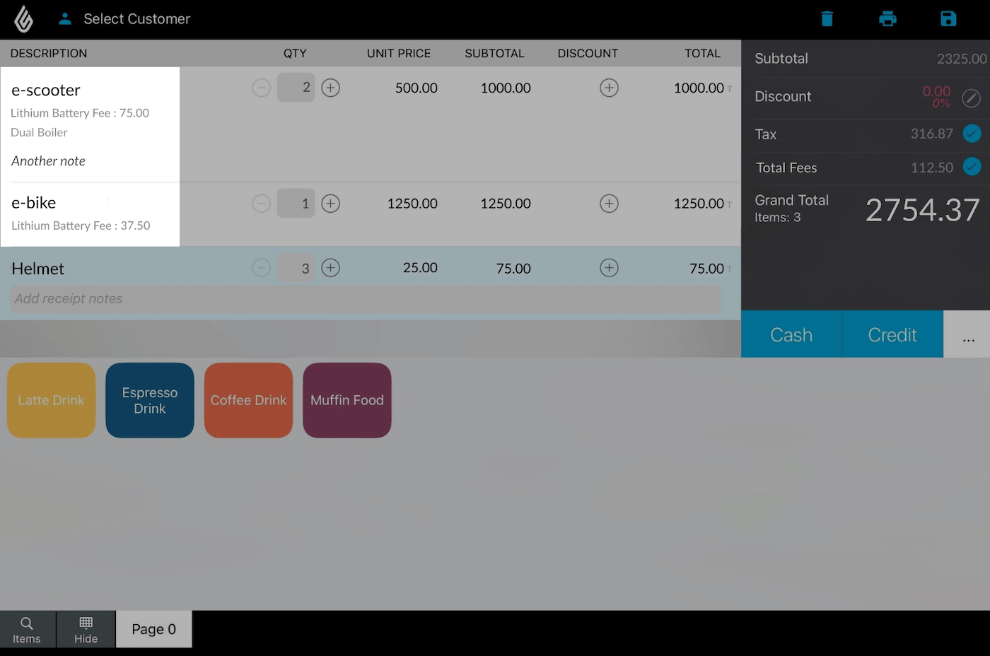 New Sale page with item fees highlighted.