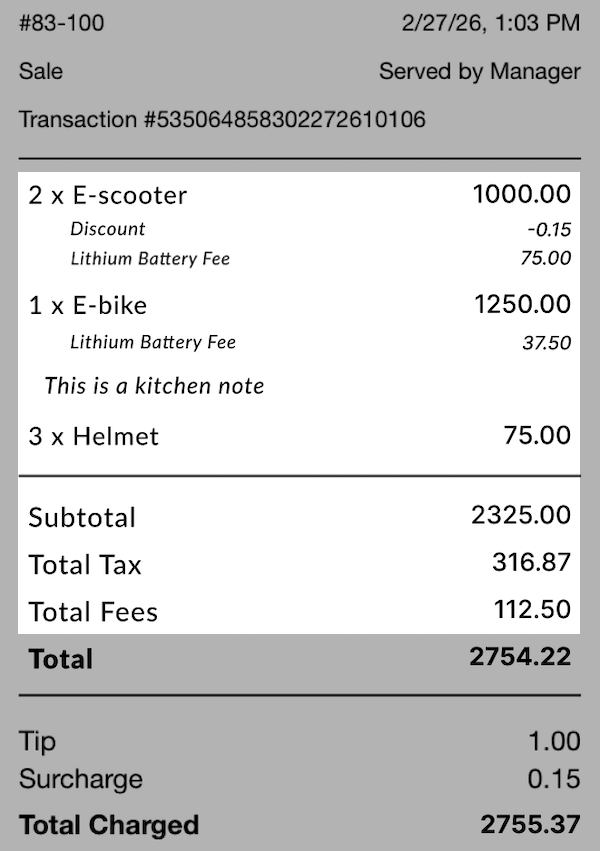 Example receipt with item fees highlighted.