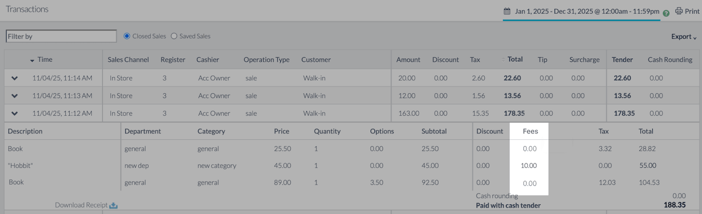 Transaction report with Fees column highlighted.