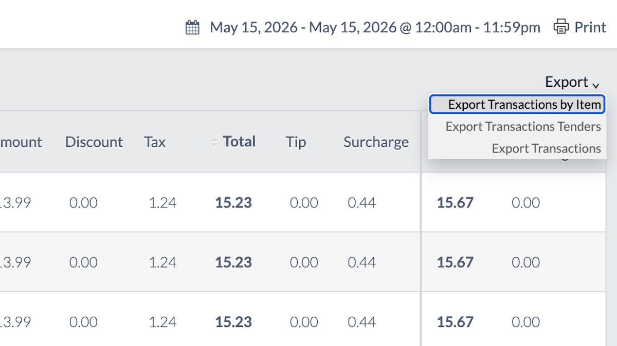 Transaction report with active Export dropdown and Export Transactions by Item option highlighted.