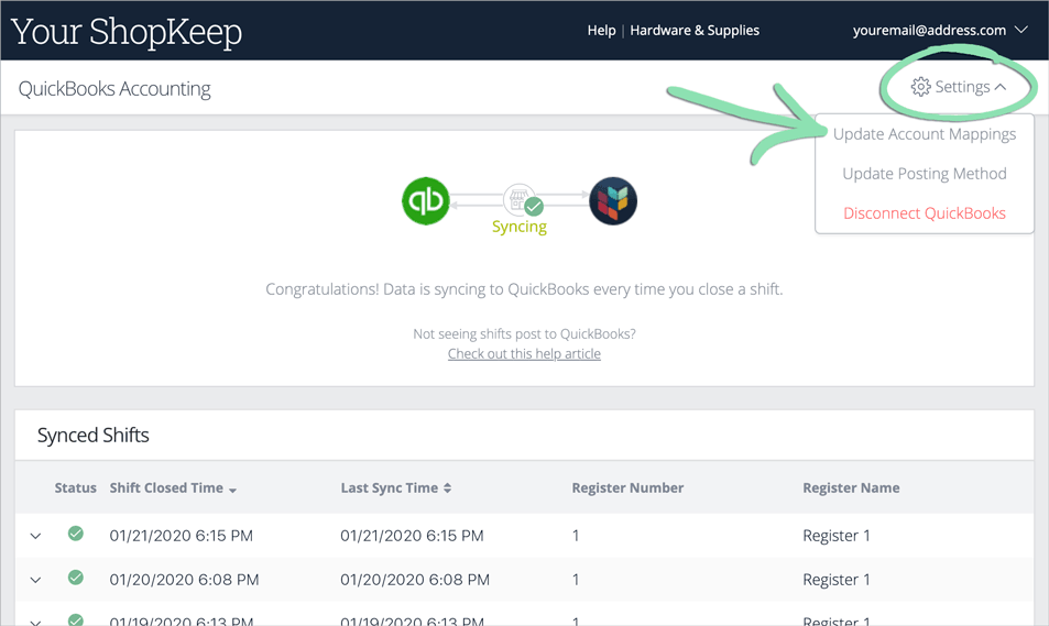 Quickbooks settings.