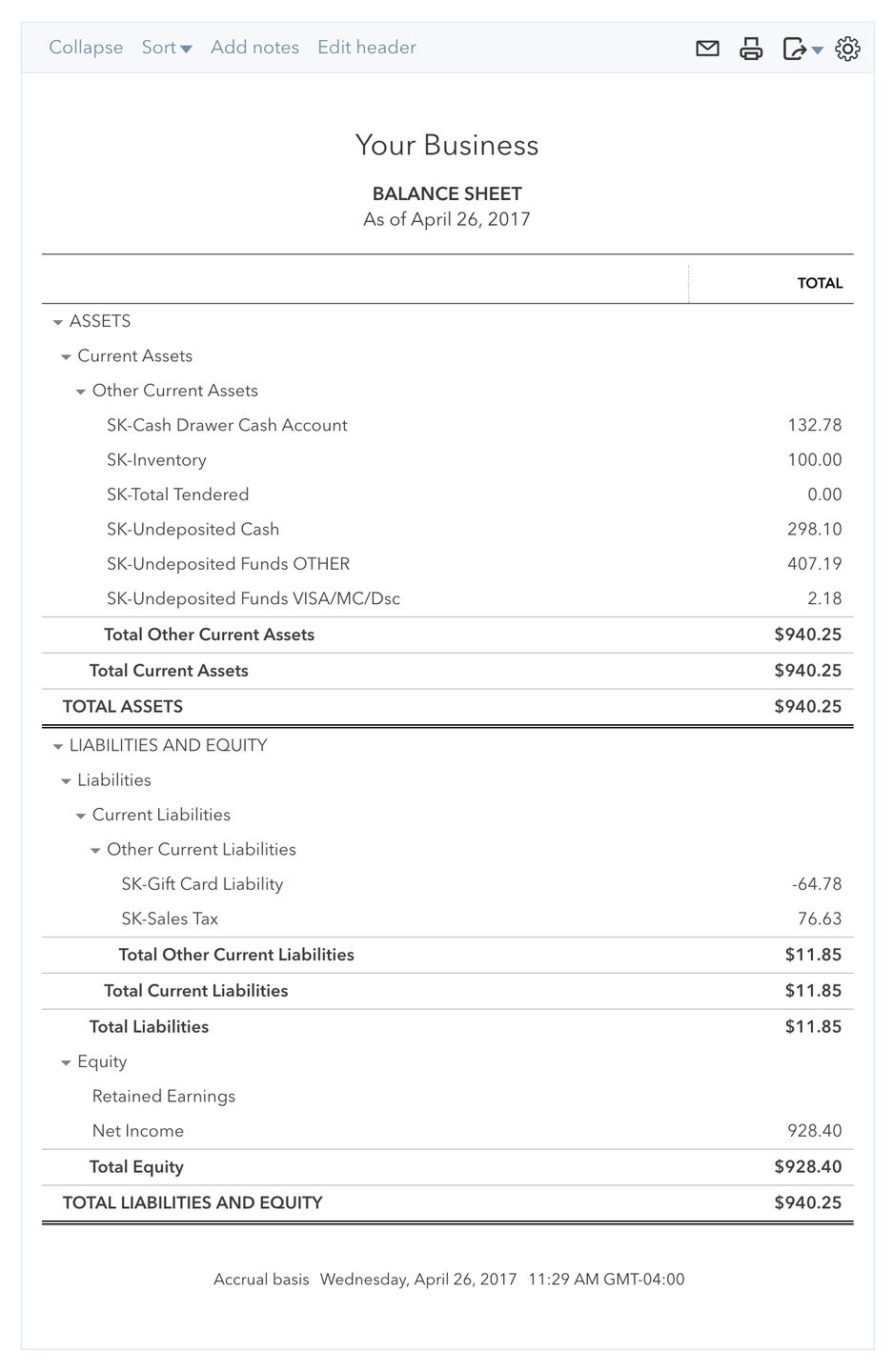 Quickbooks balance sheet example.