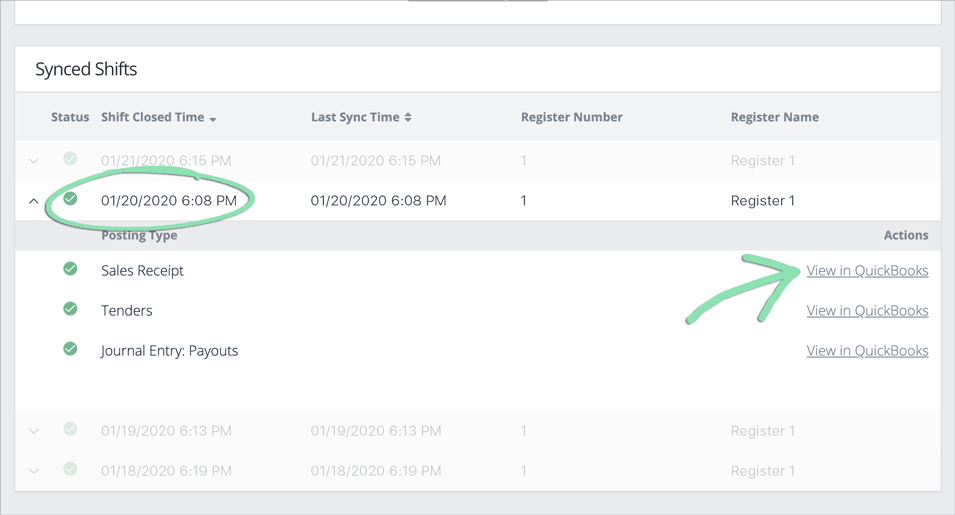 Quickbooks synced shifts table view.