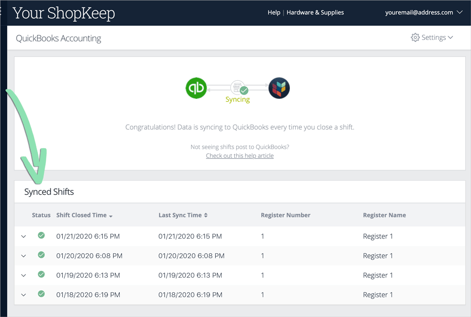 Quickbooks synced shifts table.