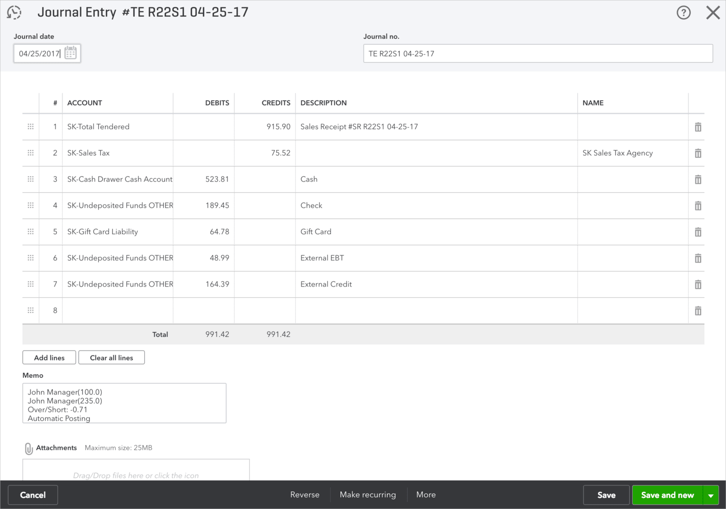 Quickbooks tenders entry example.
