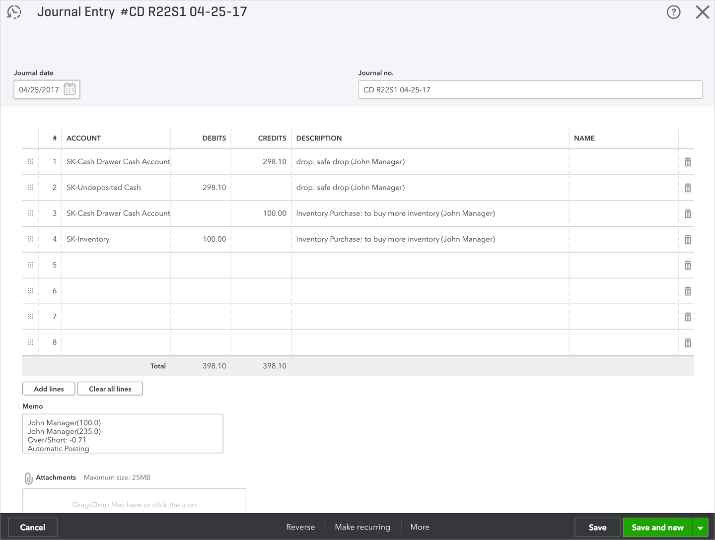 Quickbooks cash drawer entry example.