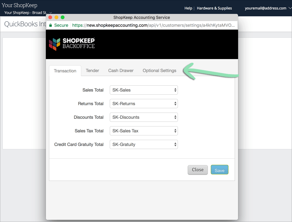 Quickbooks account mapping tabs.