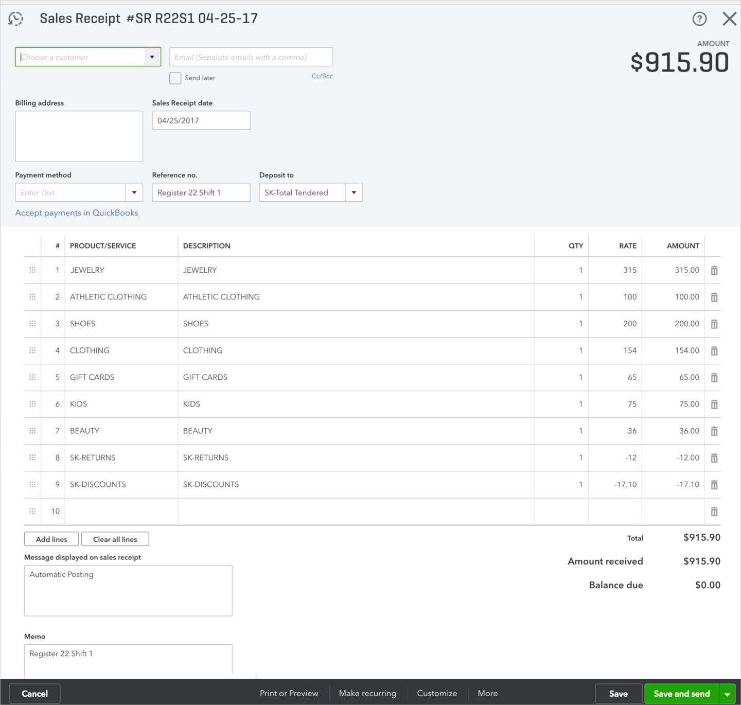 Quickbooks sales receipt entry example.