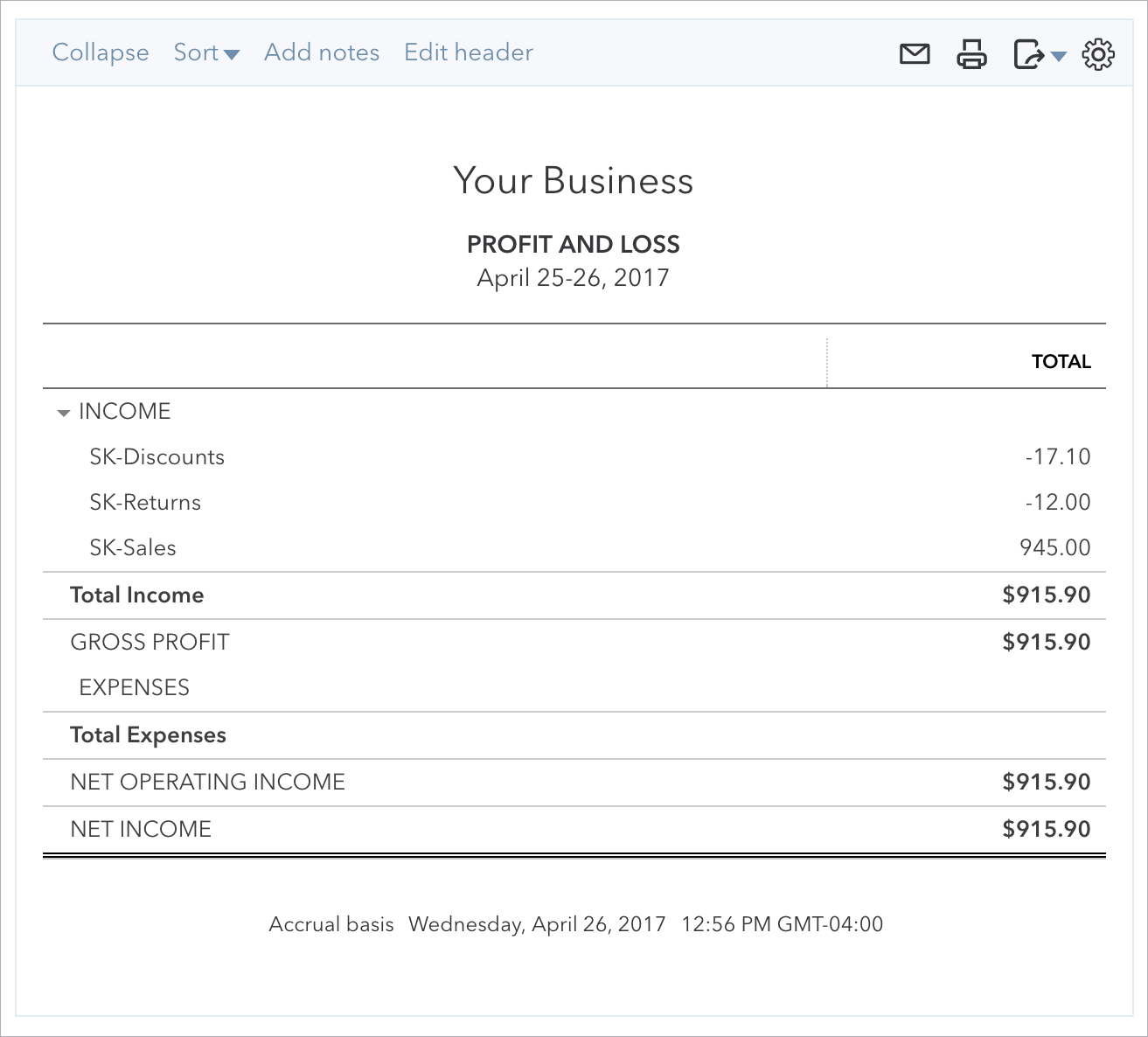 Quickbooks profit and loss example.