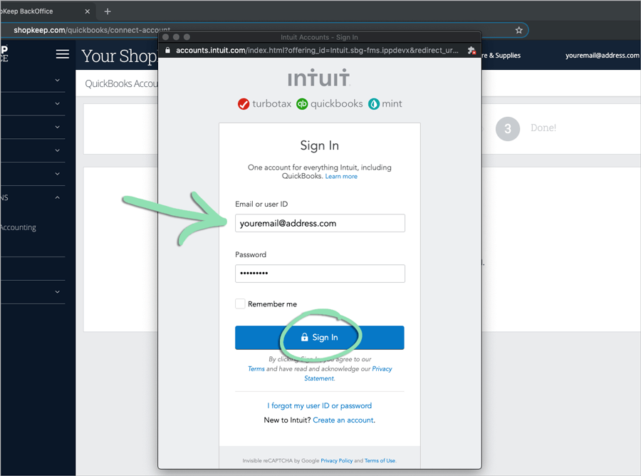 QuickBooks sign in popup window.