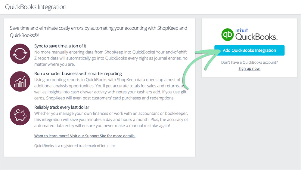Add QuickBooks Integration button.