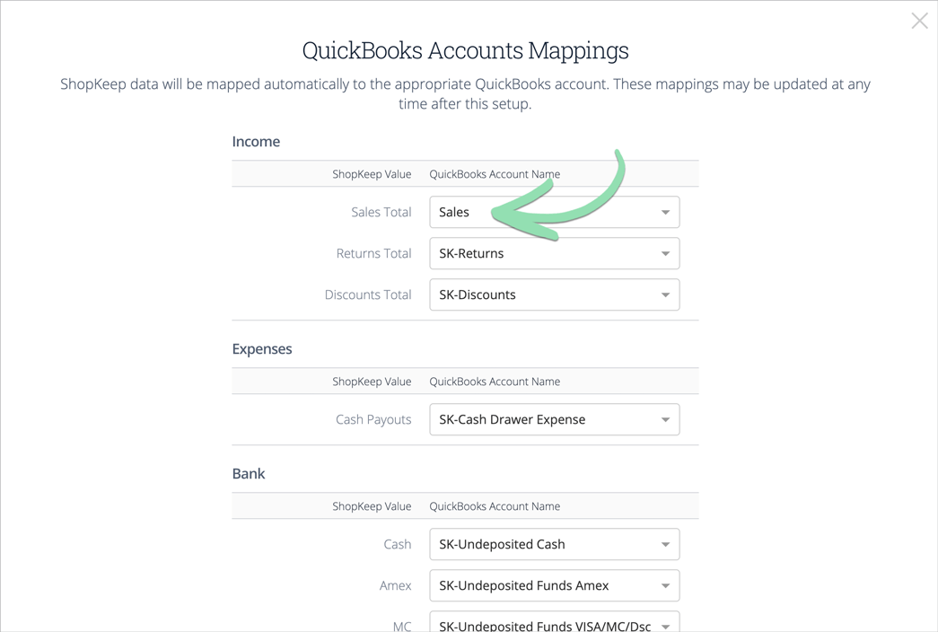QuickBooks Accounts Mapping page.