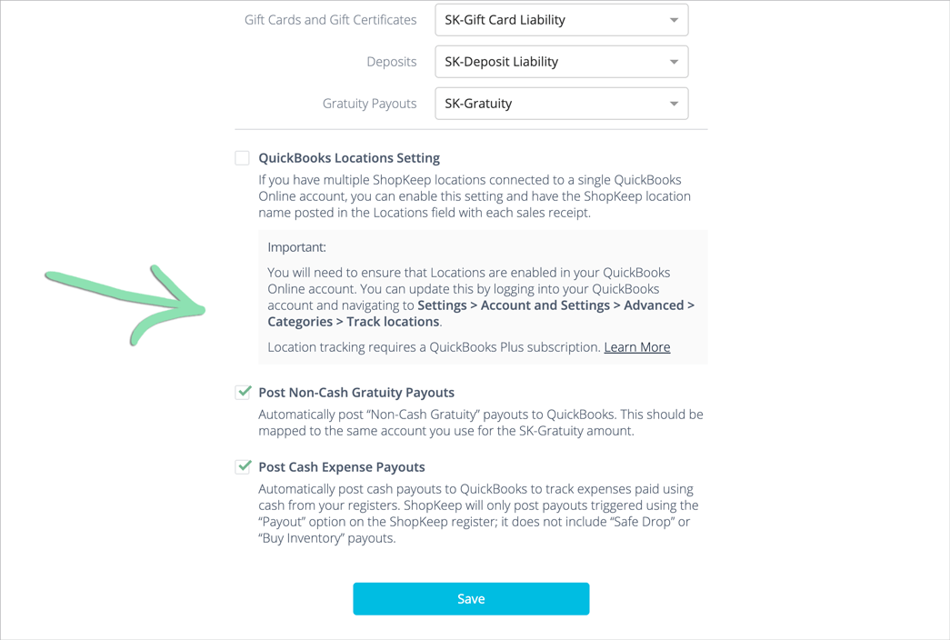 QuickBooks Locations Settings options.