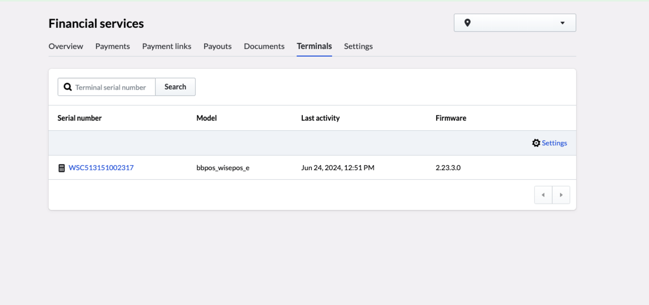Terminals page in the Financial Services portal of Retail POS.