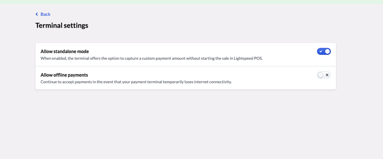 Terminal settings page with 'Allow standalone mode' and 'Allow offline payments' settings.