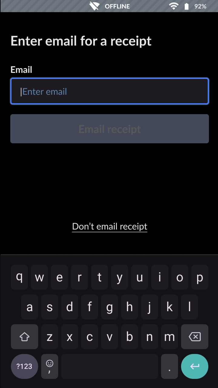 Approved payment screen with an option to enter a customer email address for an emailed receipt.