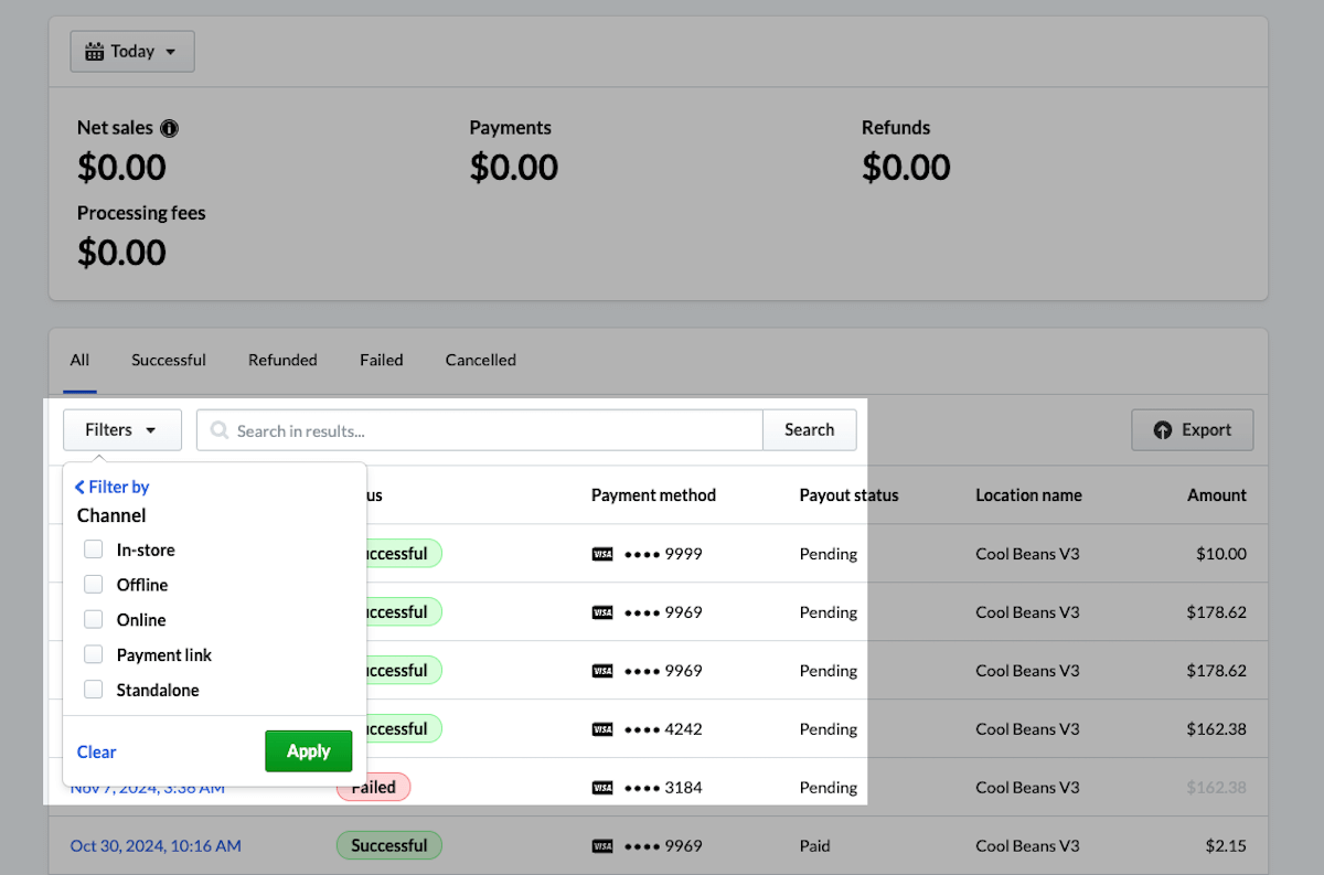 Filter channel on the Payments report.