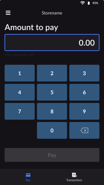 Pre-payment screen where a value can be manually entered.