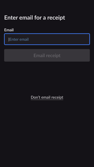 Approved payment screen with an option to enter a customer email address for an emailed receipt.