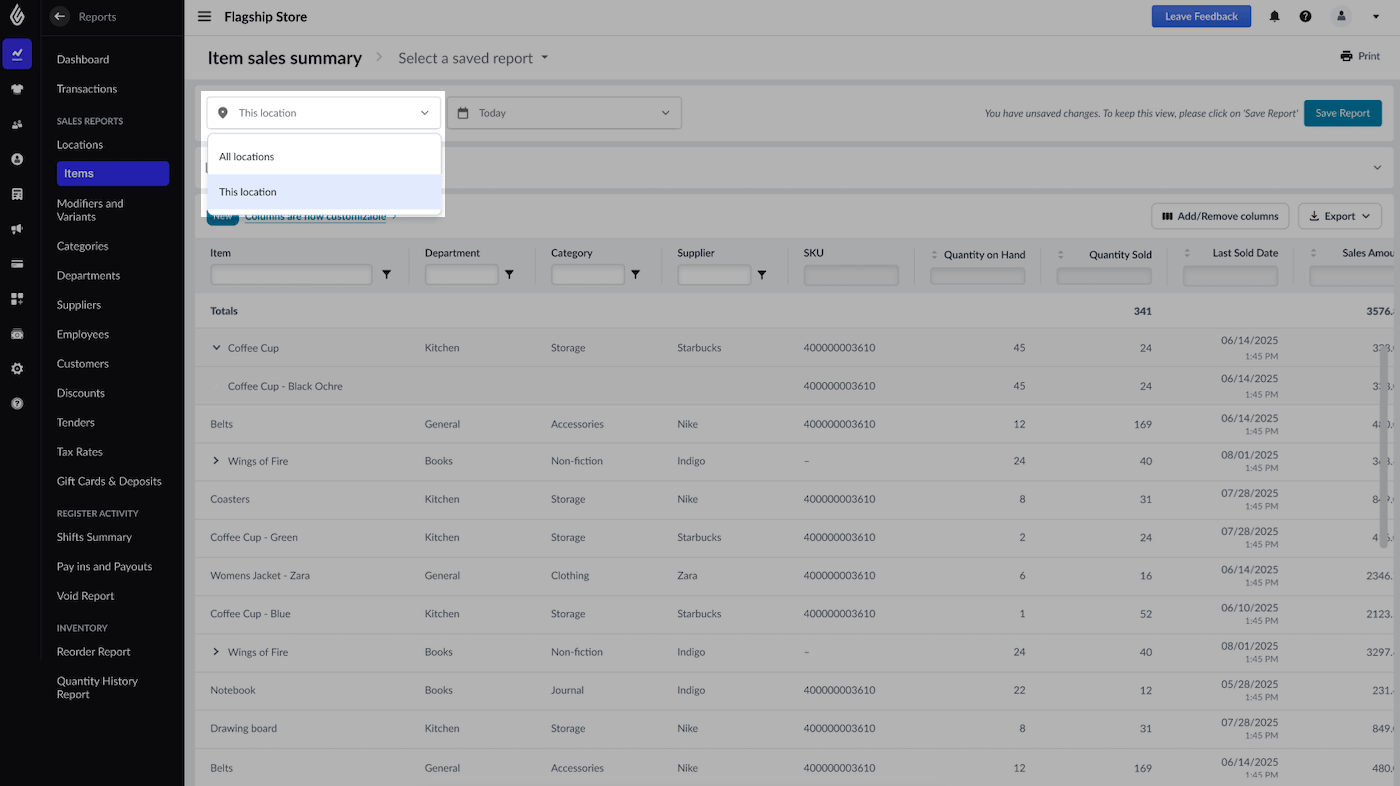 Item sales summary page with This location dropdown emphasized.