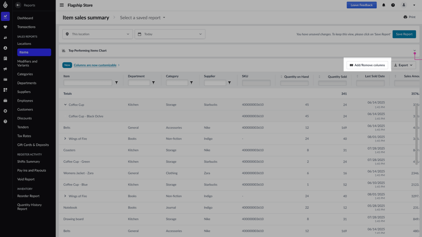 Item sales summary page with Add/Remove columns buttton emphasized.