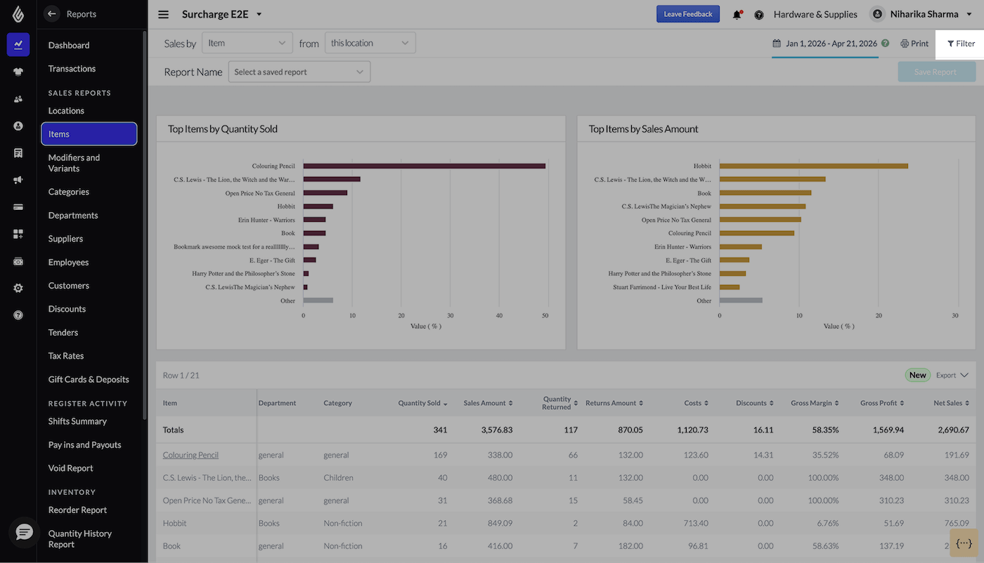 Item sales summary page with Filter button emphasized.