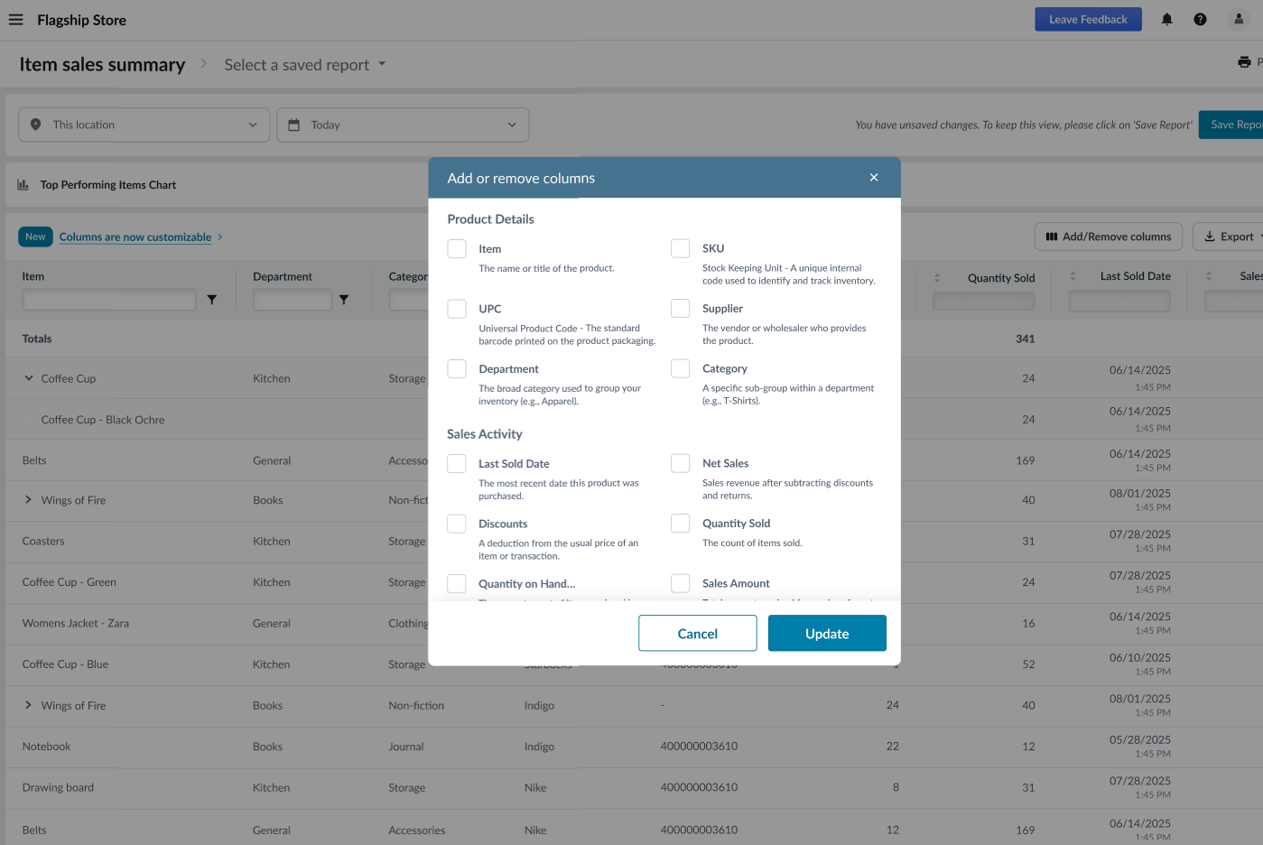 Add or remove columns pop-up allowing you to customize which columns are shown.